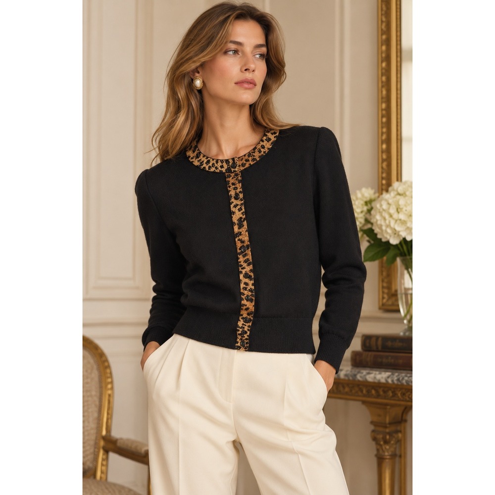 St. John Collection Cardigan 6 Black Leopard Trim Santana Knit Classic Luxury